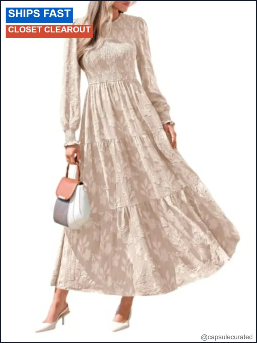 Floral Jacquard Midi Dress Long Lantern Sleeve Formal Wedding Guest